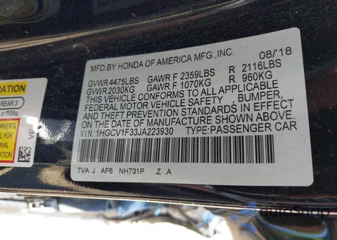 2018 Honda Accord Sport z USA, uszkodzony, nr VIN 1HGCV1F33JA223930